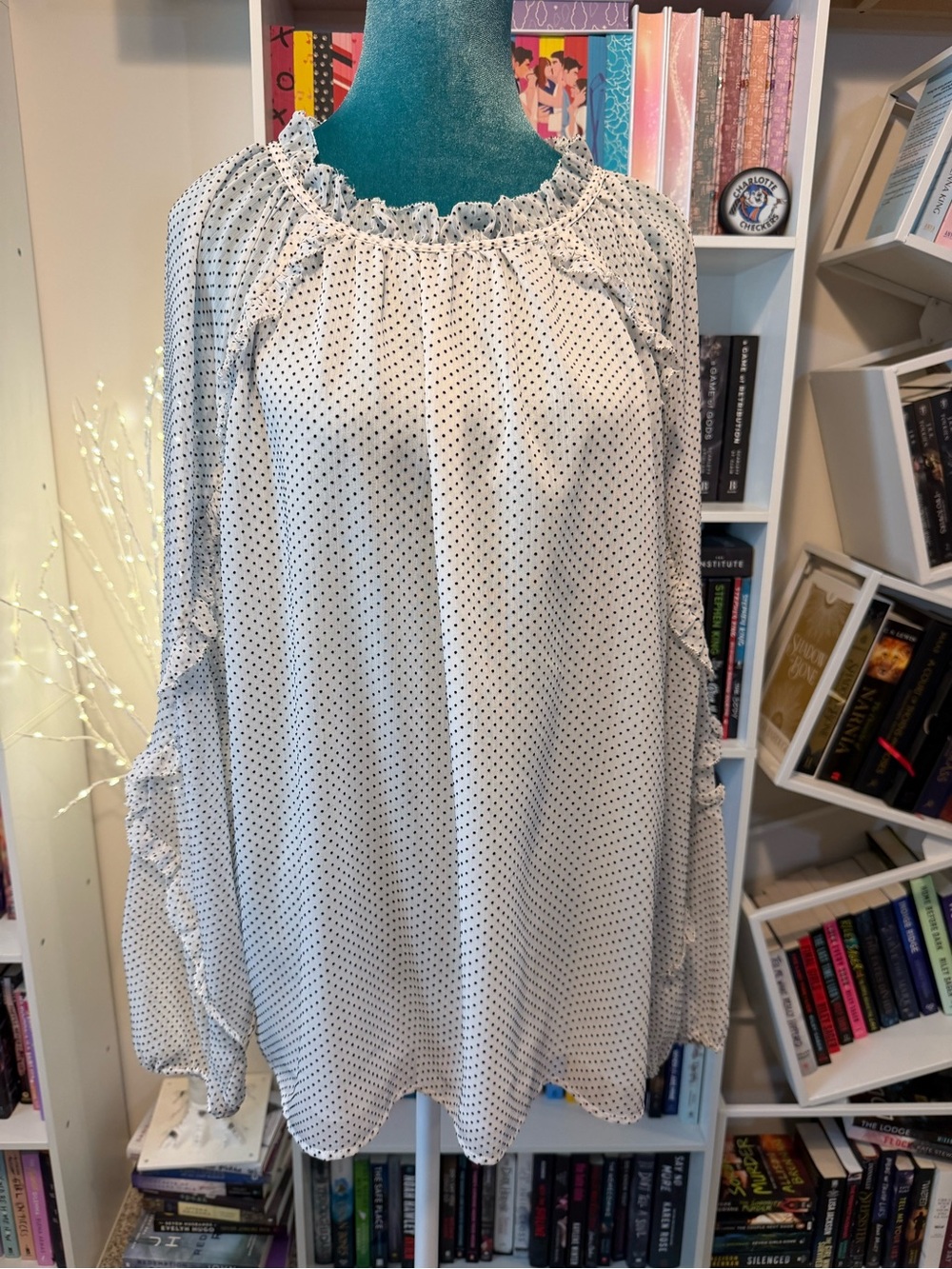LOFT Polka Dot Ruffle-Neck Blouse - White with Black Dots